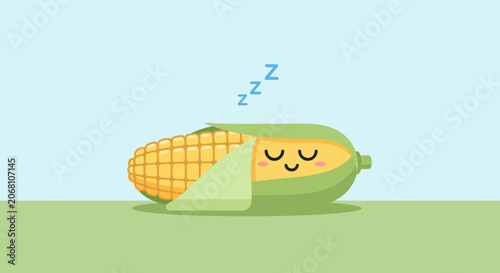 Cute cartoon corn sleeping under a husk blanket.