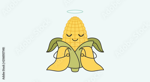 Cute cartoon corn cob with halo and wings.