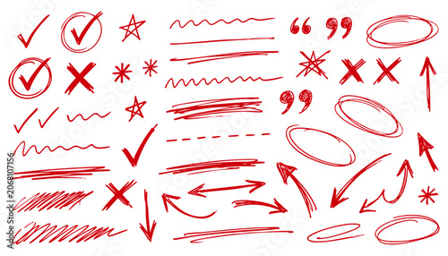 Handdrawn red marker elements, including check marks, crosses, arrows, circles, stars, underlines, and quotation marks