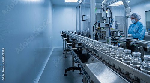 Worker in protective gear monitors automated pharmaceutical bottle filling line inside sterile manufacturing facility with robotic equipment.