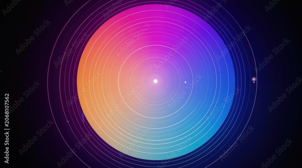 Naklejka premium Abstract colorful gradient circle with orbiting lines. Dynamic geometric pattern on dark background. Modern futuristic design for tech or science themes.