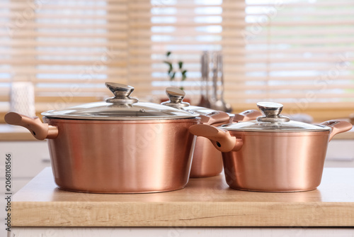 Copper cooking pots on coun...