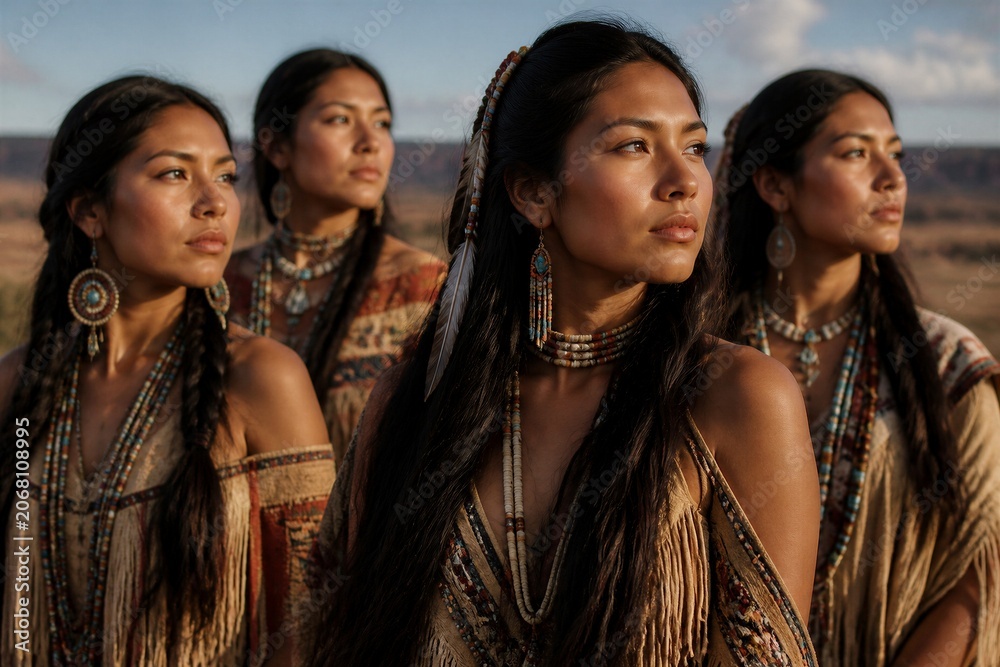 Obraz premium Five Native American women stand in a desert landscape. Their expressions show quiet strength and focused attention. The warm light highlights their intricate beadwork and traditional clothing