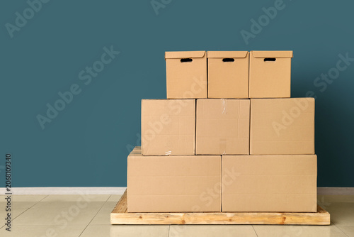 Stacked cardboard moving bo...