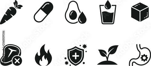 Foto Health and nutrition utility icons including carrot capsule avocado water cube meat fire and immune shield