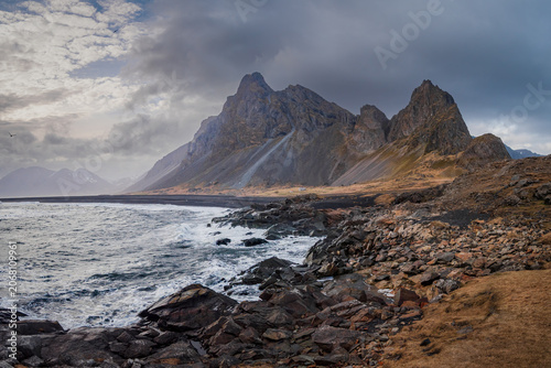 Bild auf Leinwand Coastline in southeast Iceland with the impressive mountain of Eystrahorn