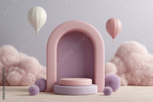 Pastel product podium under pink arch, hot air balloons, fluffy clouds