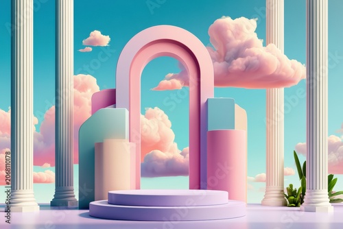 Pastel podium and Greek columns, abstract sky, pink clouds, dreamlike atmosphere