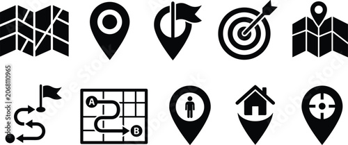 Tableau sur toile Map navigation route path destination location house target arrow pin marker icon
