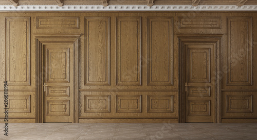 Classic luxury empty room with wooden boiserie on the wall. Oak wall panels, premium cabinet style.