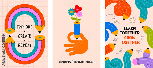 Back to school posters and banners collection with colorful twisted curved pencils, rainbow and flowers. Playful education vector illustration