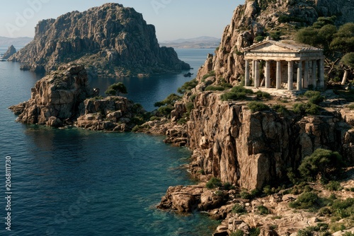 Ancient temple perched on rocky cliffs, clear blue sea, majestic landscape