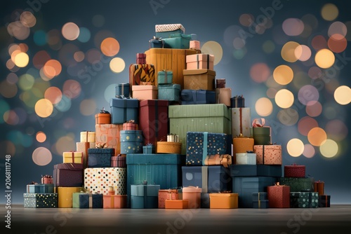 Gift boxes piled high, festive holiday background, celebratory mood