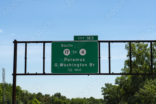 exit 163 sign on the Garden State Parkway in New Jersey for Paramus and the George Washington Bridge, South NJ-17 to NJ-4