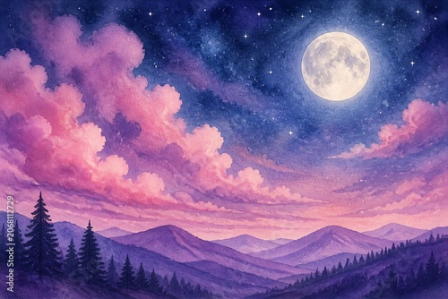 Moon glows bright above layered mountain peaks. Pink clouds drift across twilight sky. Stars twinkle softly against deep blue night. Silhouetted pines stand tall in tranquil silence