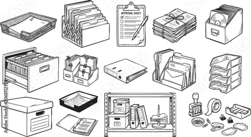 Office Document Workflow Collection – Hand Drawn Filing, Archive Management, and Paper Organization Engraving Vector Set