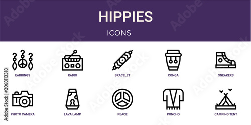 Obraz na płótnie Set of 10 linear Hippies icons for interface projects, presentations and web graphics