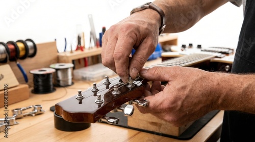 Luthier replacing strings on an electric guitar headstock in a repair shop