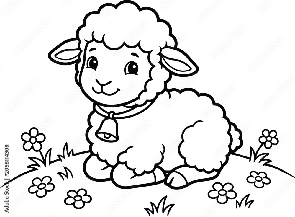 Obraz premium Coloring friendly sheep on a sunny hill with flowers and a bell