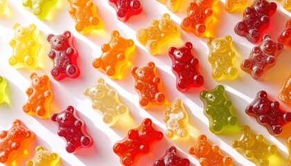 Vibrant Fruity Gummy Bears Scattered Playfully Showing Their Bright, Delicious Colors