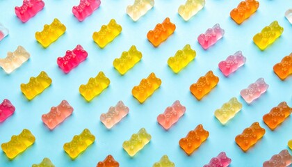 Vibrant Gummy Bear Candies Arranged in a Playful, Colorful Pattern on a Bright Blue Surface