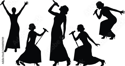 Bild auf Leinwand Woman vocalist silhouettes set with female singers performing live in long dress