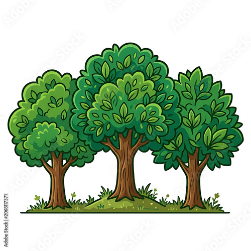 Cute cartoon green trees collection with leaves and grass. White background.