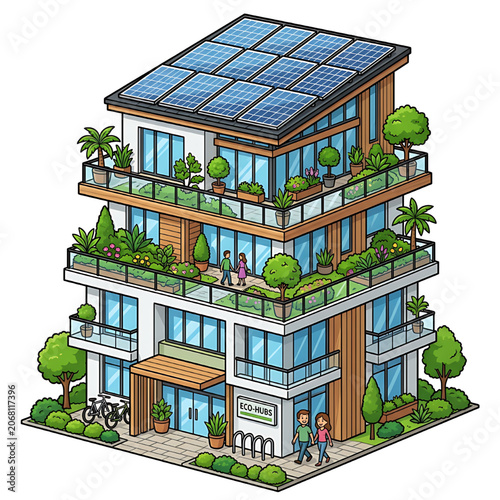 Modern eco friendly building with solar panels and green terrace gardens cartoon vector illustration. White background.