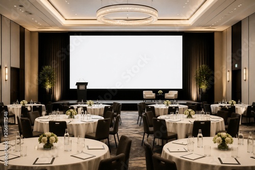 Elegant conference hall with circular chandelier. Tables set for formal event with white linens. Large screen dominates the back wall. Dark curtains frame the screen and stage