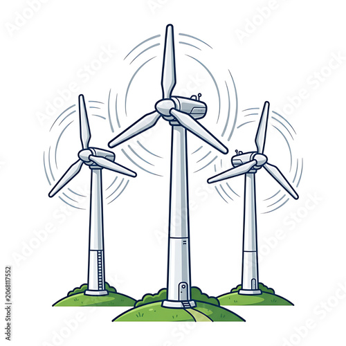 Wind turbines on green hills generating clean renewable energy vector illustration. White background.