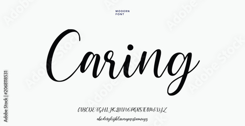 Handwritten caring word in black modern calligraphy style