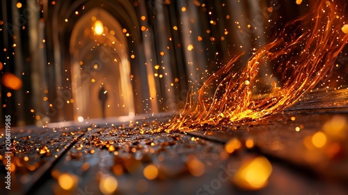 Cinematic magic golden fire swirl and sparks in gothic castle hallway