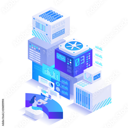 Integrated server tower with top cooling fan, stacked devices and service arm, showing automation infrastructure, digital maintenance, cloud operations and efficient data handling.