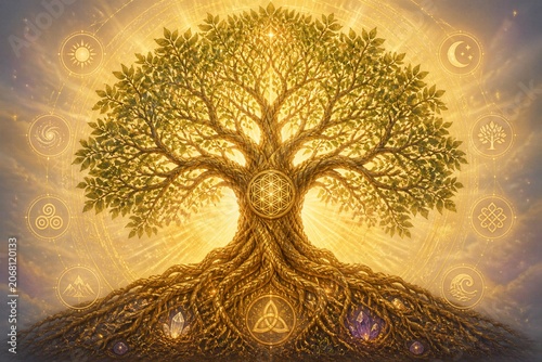 Golden tree stands rooted in earth, radiating light. Blossoming branches reach toward celestial symbols floating above. Roots extend deep, anchoring the tree in glowing soil