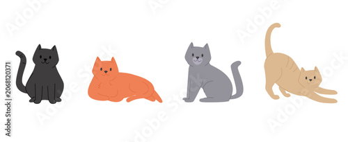 Vector illustration set of cats in various poses and patterns featuring playful, cute and domestic feline characters