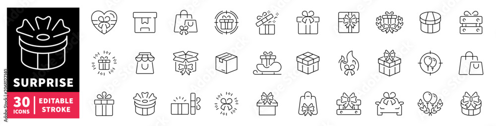 Fototapeta premium Collection of 30 editable stroke icons representing gifts and surprises