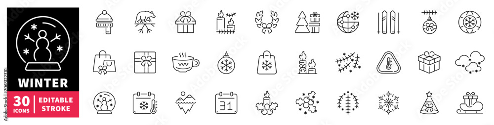 Fototapeta premium Collection of winter holiday and season icons with editable stroke