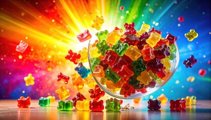 A cascade of vibrant gummy bears spilling from a clear bowl, a dynamic and colorful explosion of sweet treats.