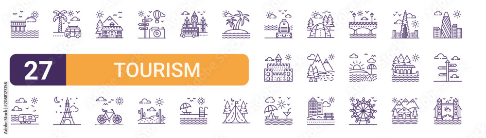 Obraz premium Set of 27 thin stroke Tourism icons for software, online tools and business layouts. Outline collection featuring coast, guidepost, island, camping and home.