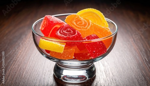 A clear glass bowl filled with vibrant, colorful fruit-flavored jelly candies featuring swirling patterns on a wooden surface