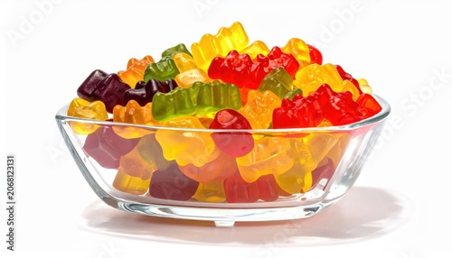 A Clear Glass Bowl Filled With Vibrant, Fruit-Flavored Gummy Bears