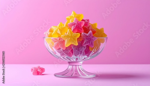 A clear glass bowl filled with vibrant gummy star-shaped candies in various bright colors