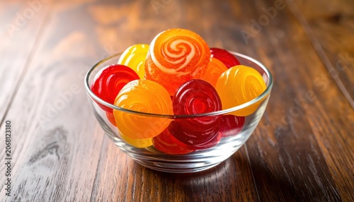 A clear glass bowl filled with vibrant, fruit-flavored swirl lollipops and candies on a wooden surface