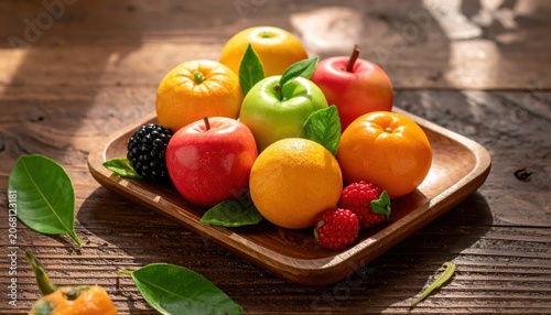 A Beautiful Assortment of Fresh, Ripe Fruits Arranged on a Rustic Wooden Platter