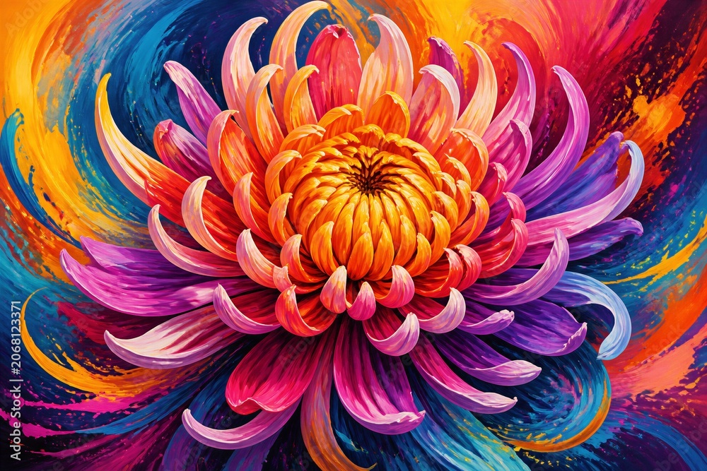 Naklejka premium Vibrant chrysanthemum blooms in swirling, vivid colors. Petals spiral outward with fiery oranges, pinks, and purples. Background explodes in motion, blending blue, yellow, and red hues