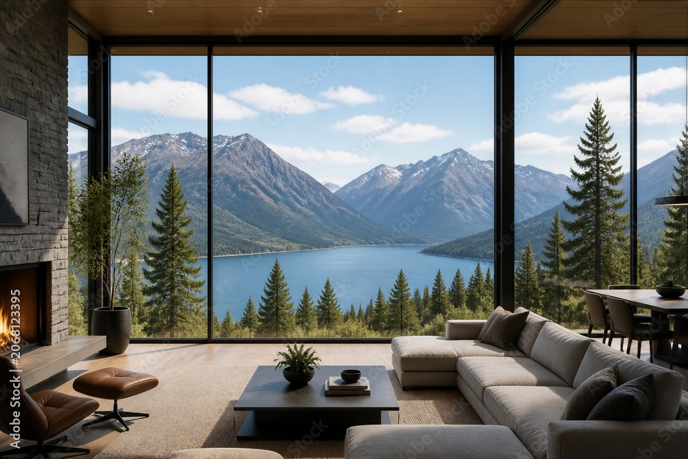 Obraz premium Modern living room overlooks a vast lake and mountain range. Large glass walls frame nature's grandeur and serenity. Cozy fireplace adds warmth to the minimalist interior