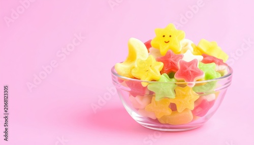 A bowl brimming with colorful fruit-shaped gummy candies like stars and moons, perfect for a sweet treat.