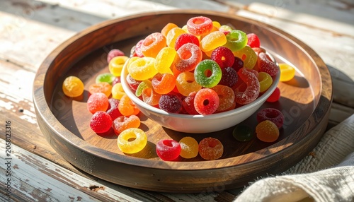 A bowl brimming with assorted fruit-flavored gummy rings, a colorful and chewy sweet snack presented on a wooden tray.