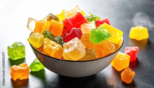 A Bowl of Assorted Fruit Flavored Rock Candy Sticks Displaying Crystalline Structures