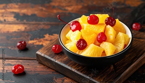 A bowl of bright yellow pineapple chunks and vibrant red cherries rests on a rustic wooden board, showcasing a delightful tropical fruit salad.